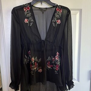 Express Black Floral Embroidered Women's Top